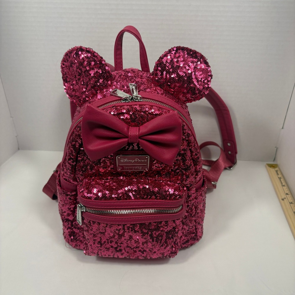 Disney Parks Loungefly Minnie Mouse Pink Sequin Mini Backpack Magenta Bow Ears